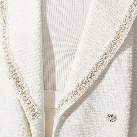 White Elegant Women's Belted Pearl Trim Tweed Coat - Picture 9 of 9